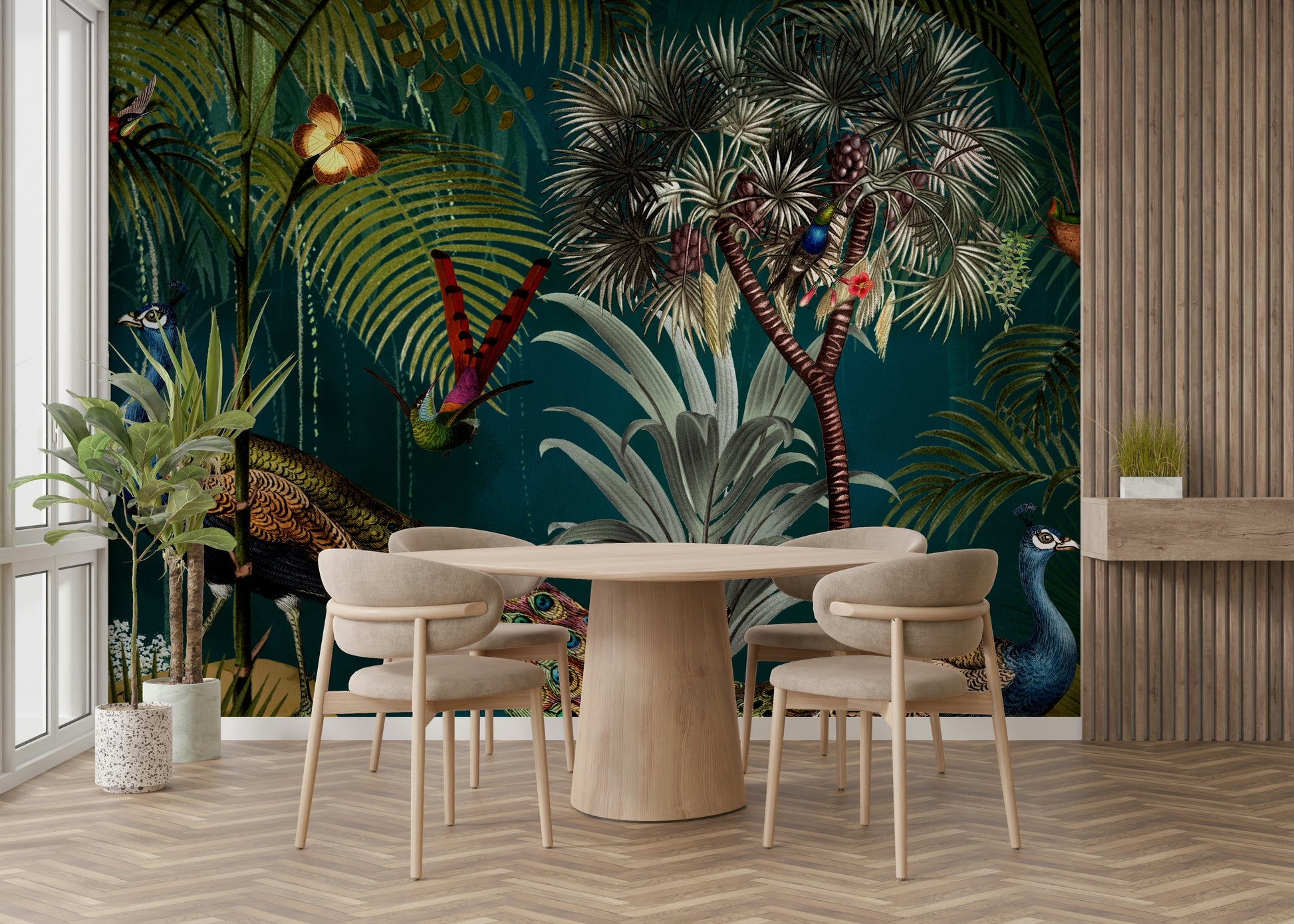 Elegant vintage peacock mural with vibrant twilight tones.

