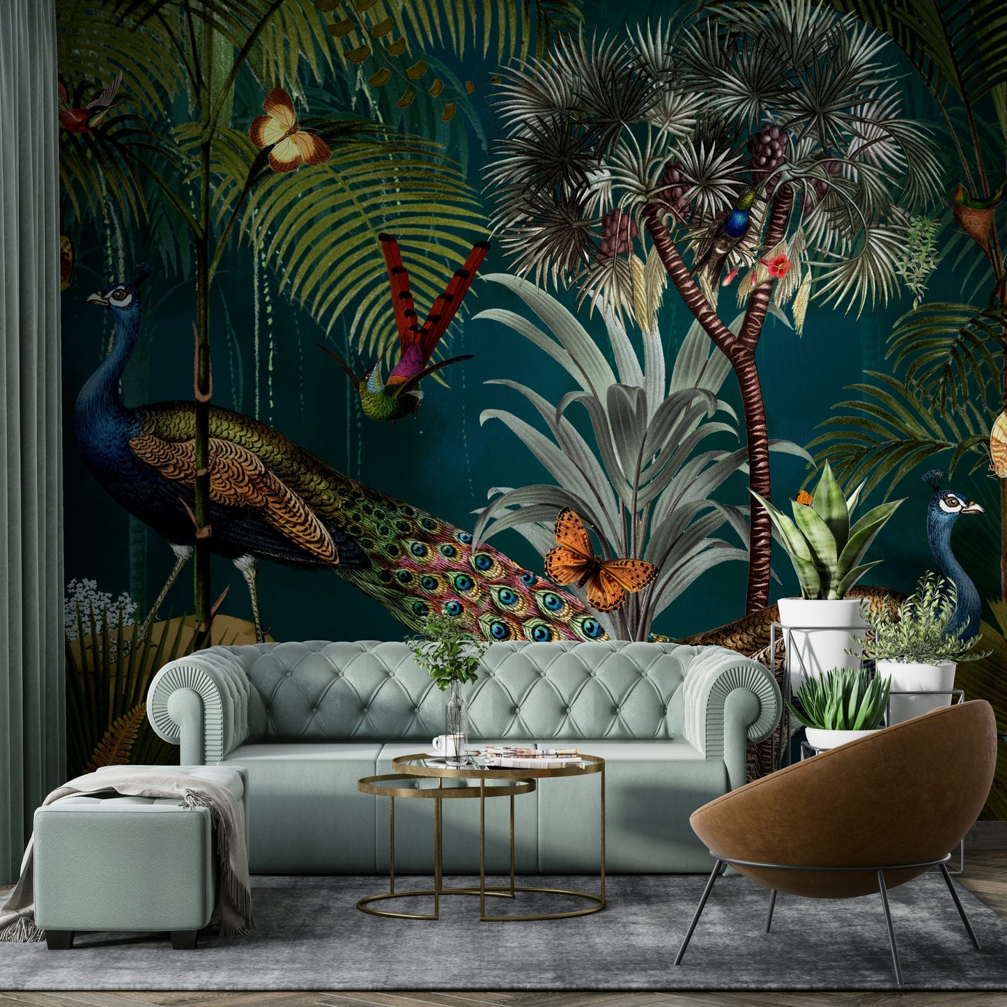 Peacock twilight paradise wall mural with intricate details.

