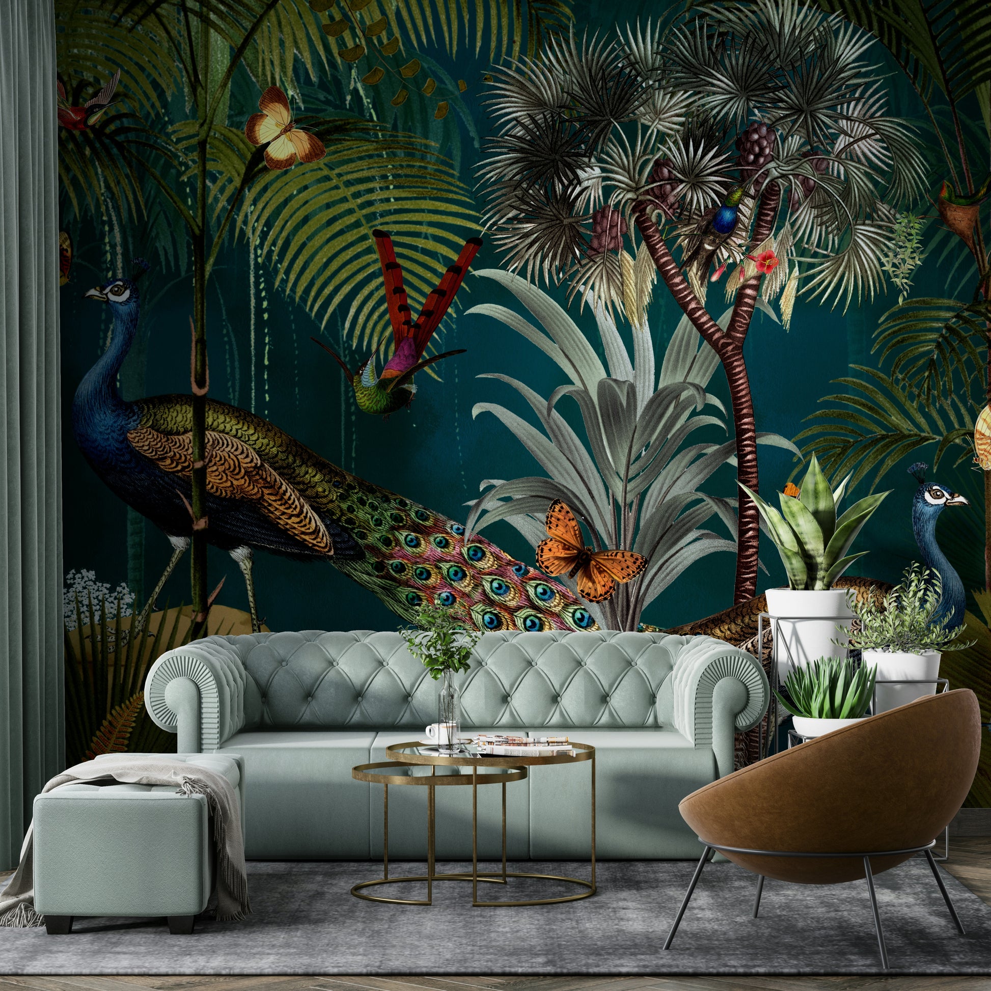 Peacock twilight paradise wall mural with intricate details.

