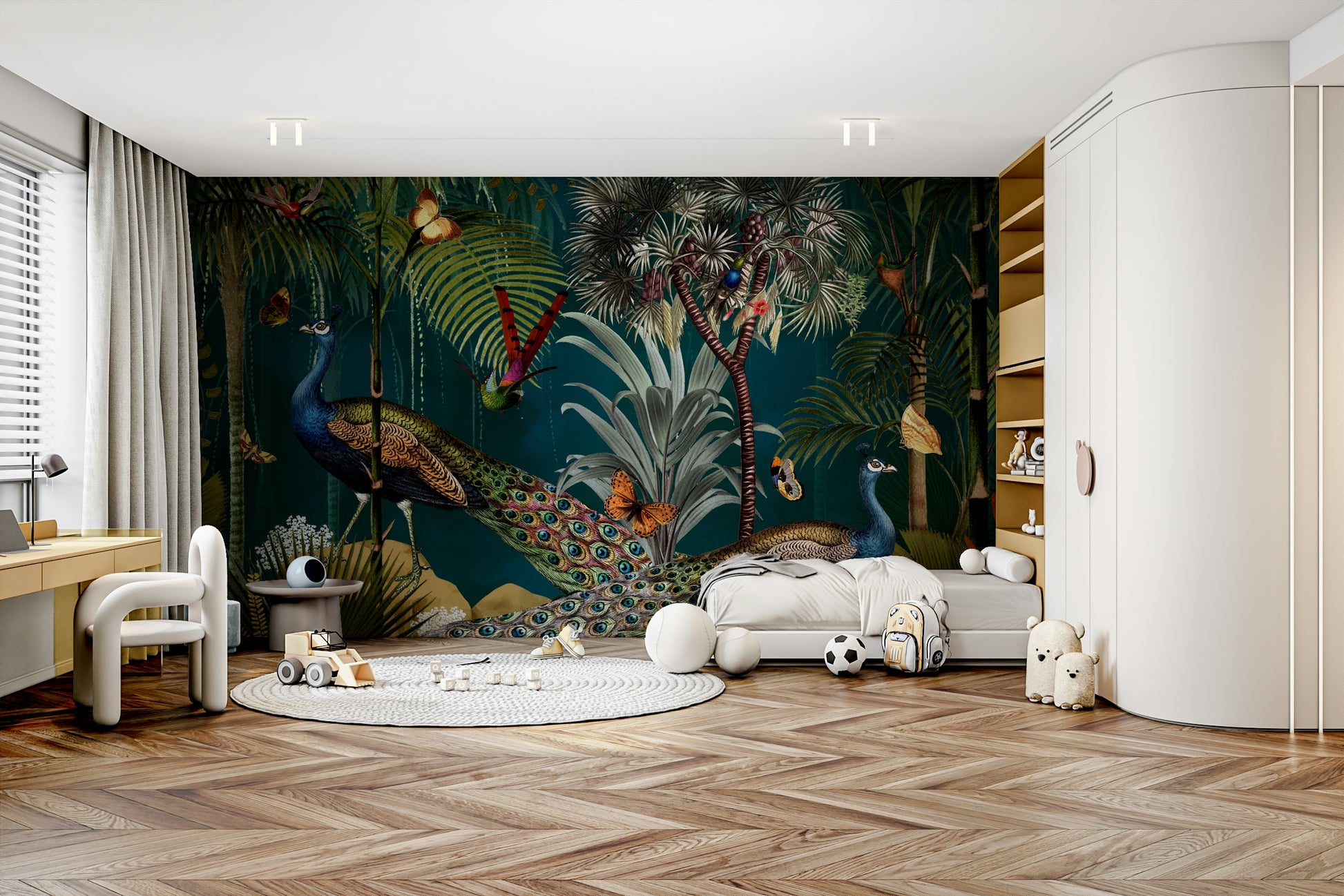 Twilight paradise wall mural featuring a detailed peacock.

