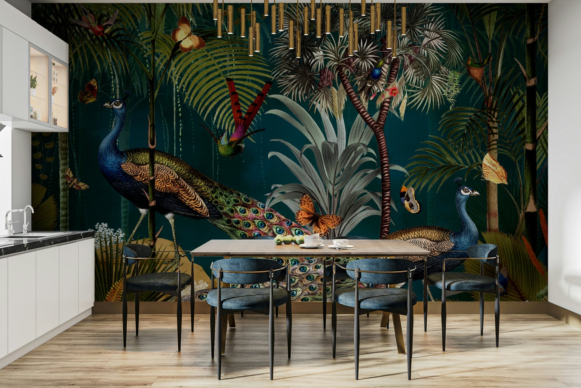 Exotic vintage peacock mural bringing beauty to living rooms.

