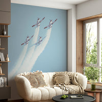 A peaceful historic air force mural on decorative wallpaper.

