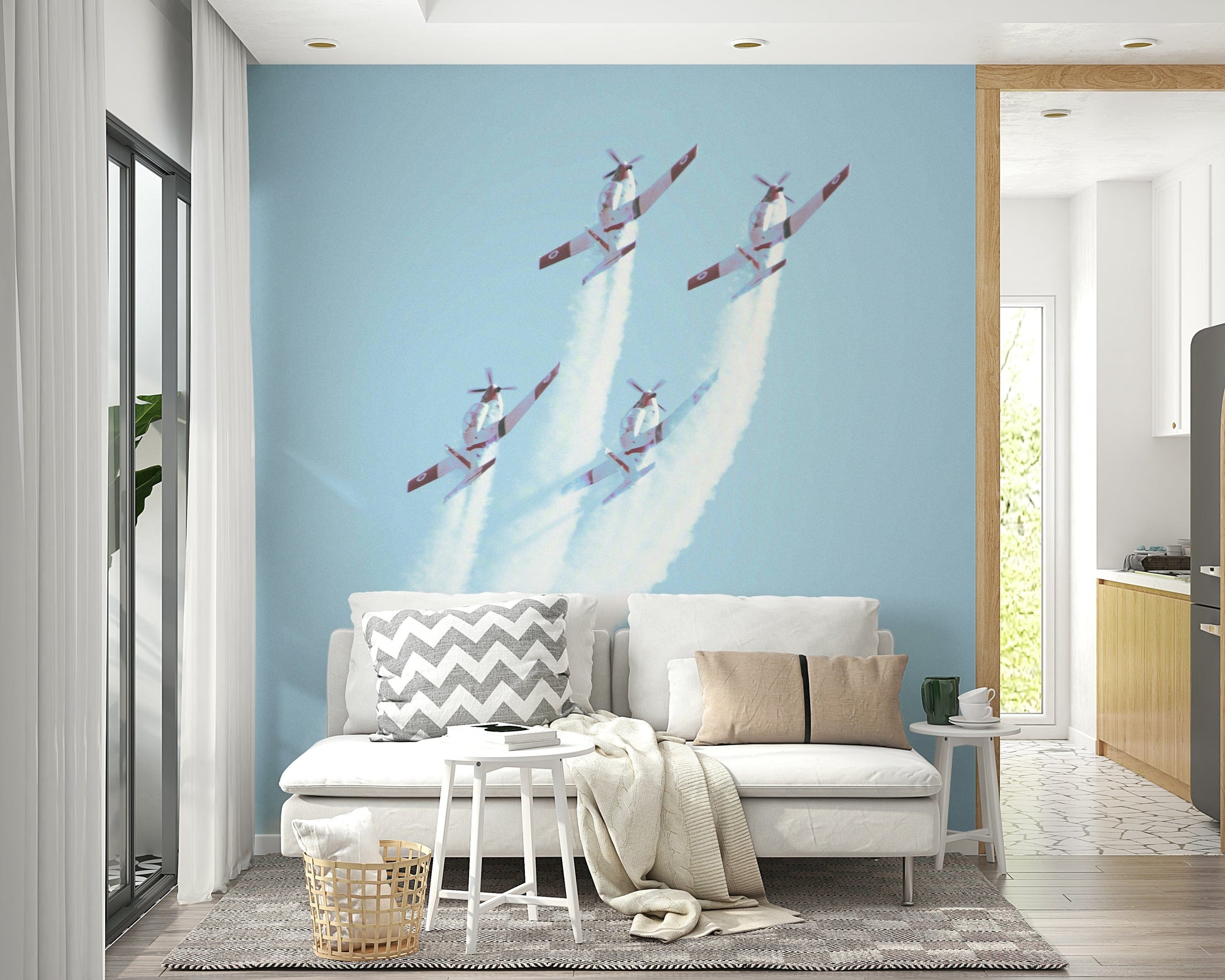 A contemplative vintage bomber wallpaper mural for a feature wall.

