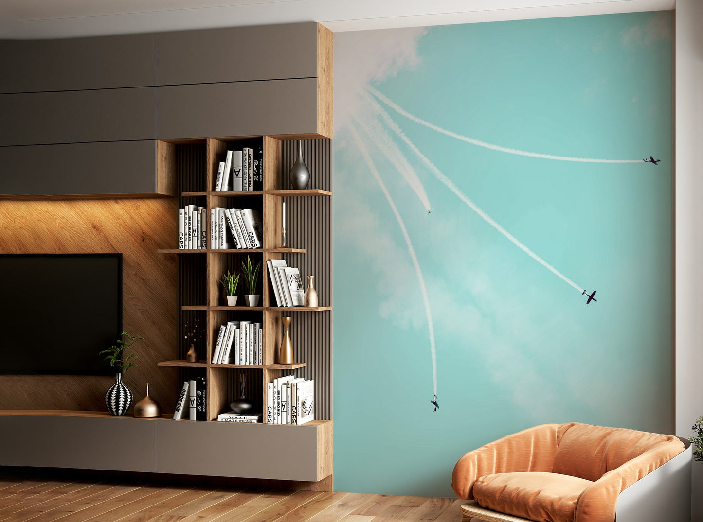 A living room featuring the vintage IAF wall mural.