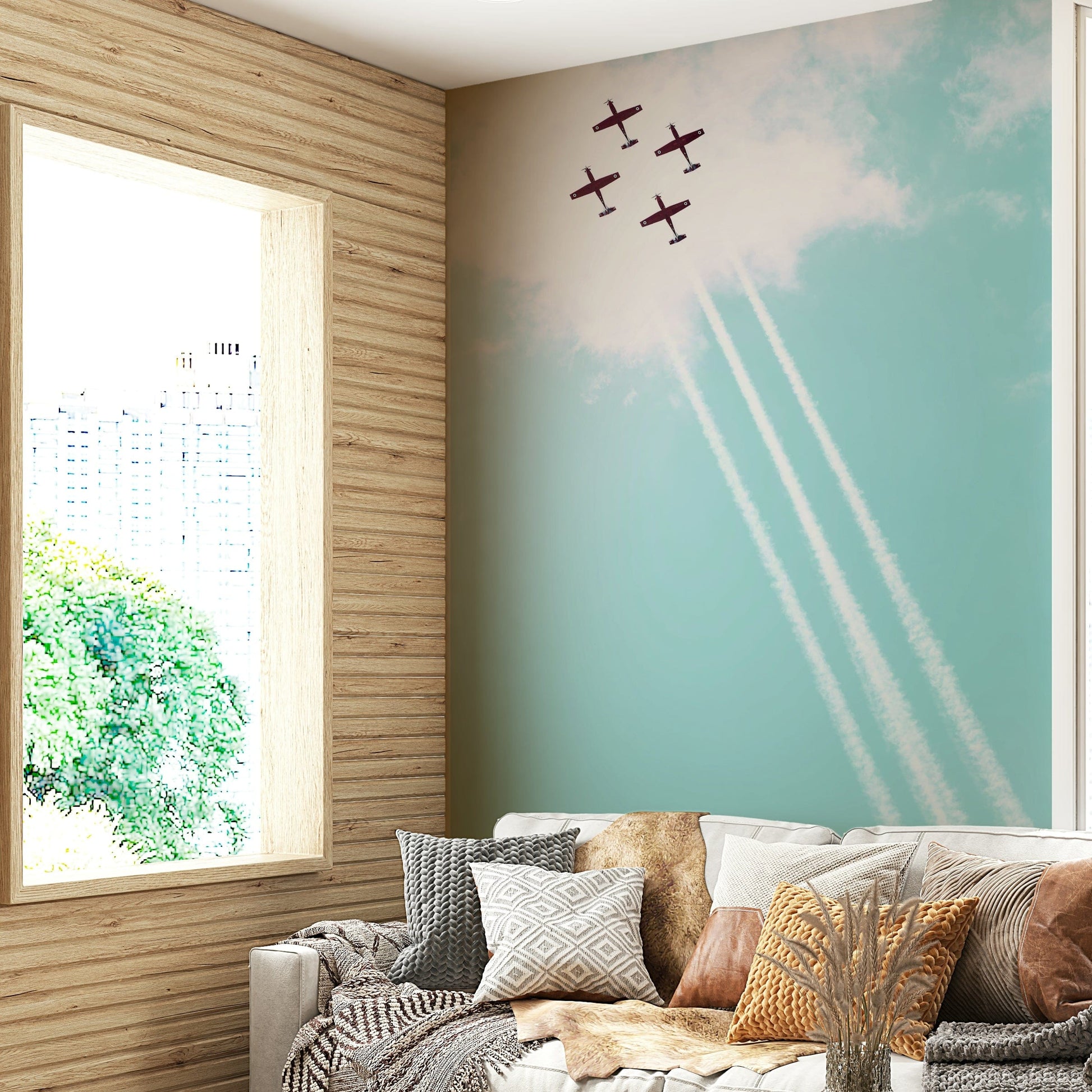 A minimalist home office with the vintage IAF wallpaper.