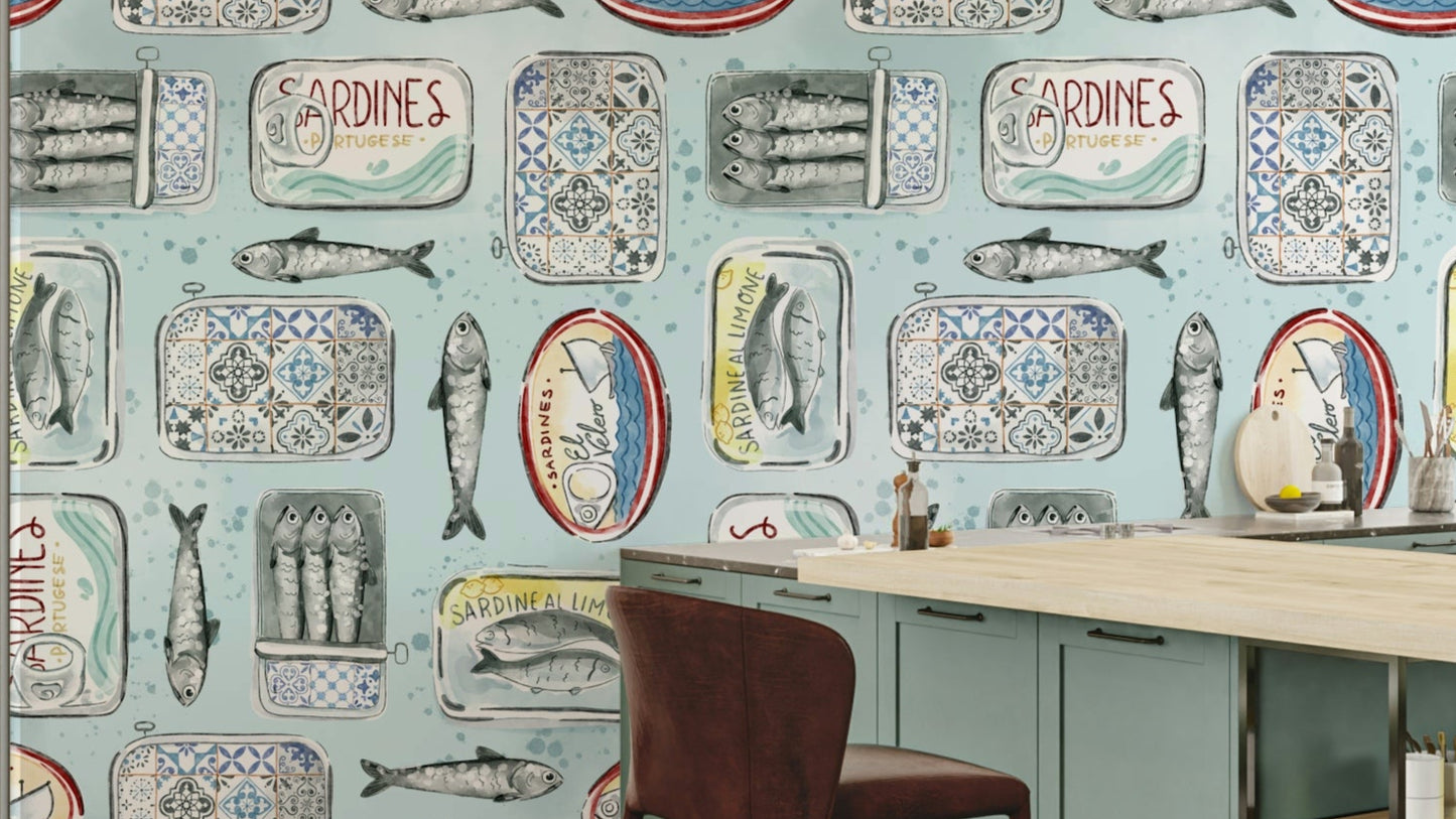 Vintage sardine tin illustrations pattern

