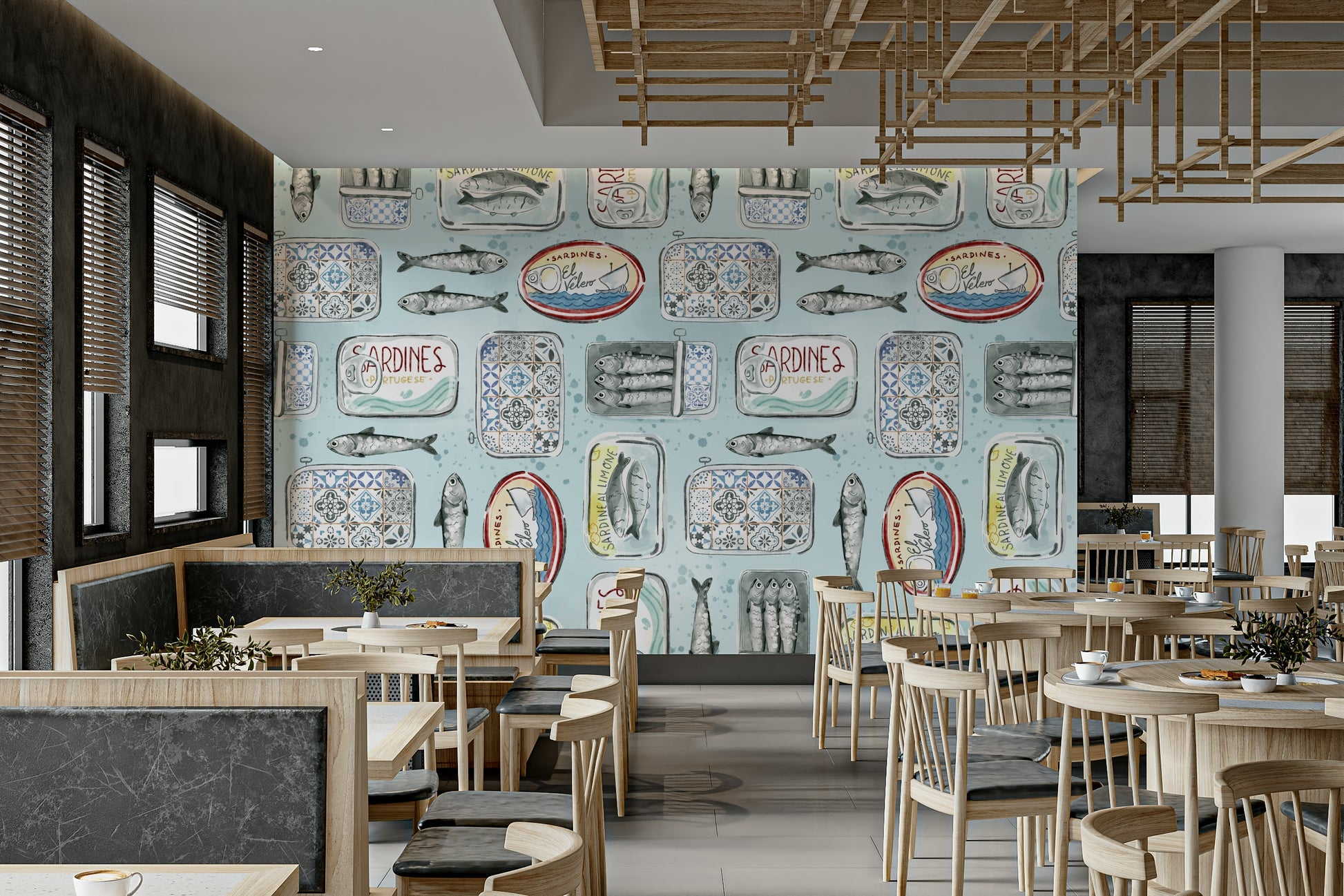 Artistic sardine fish and tile collage

