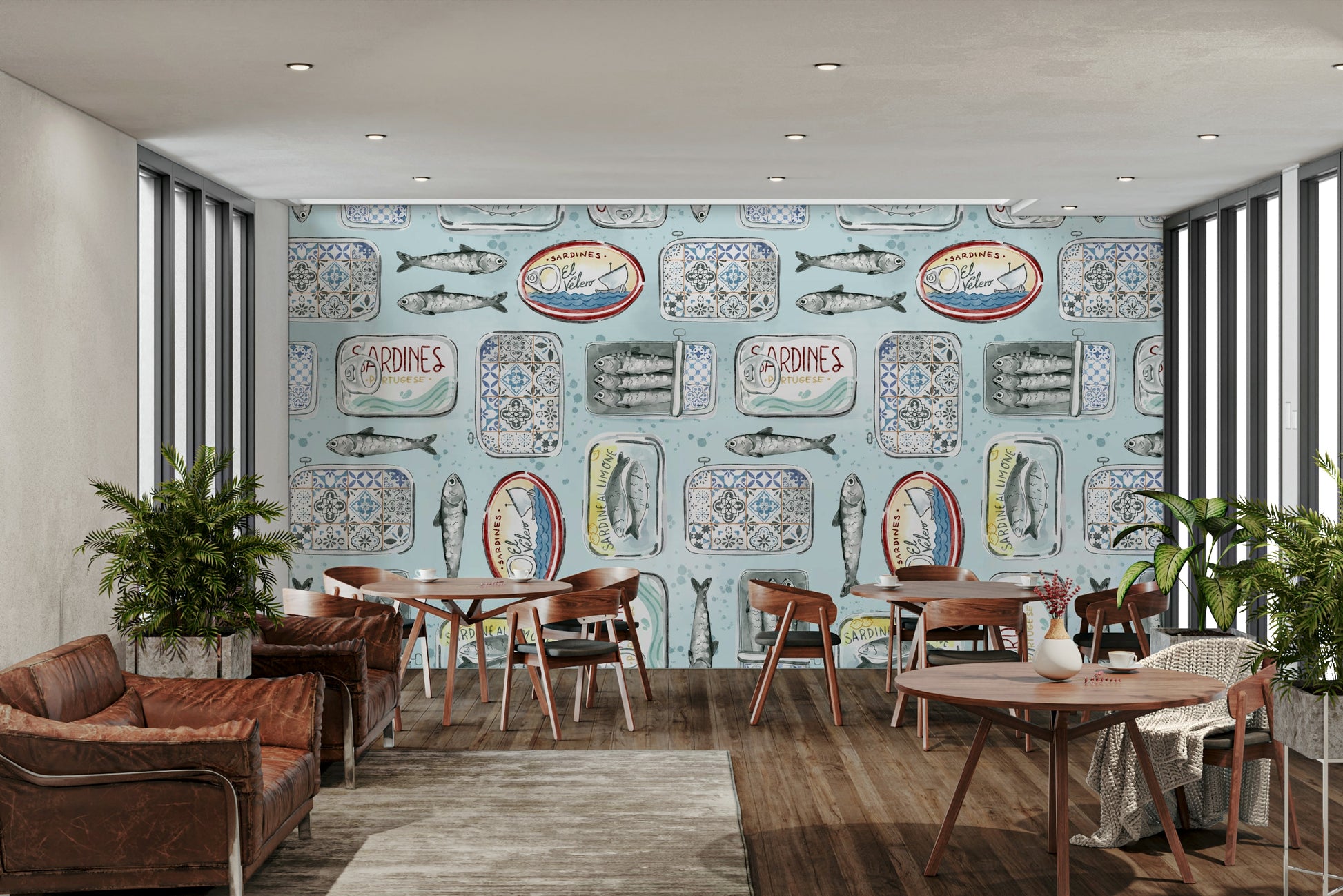 Whimsical sardines and food tin motifs

