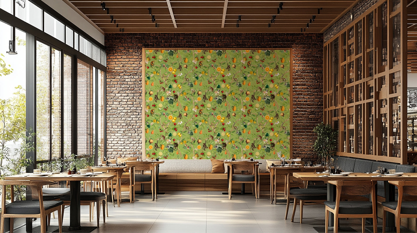 Jungle-themed mural with vibrant flowers, monkeys, and botanical elements.

