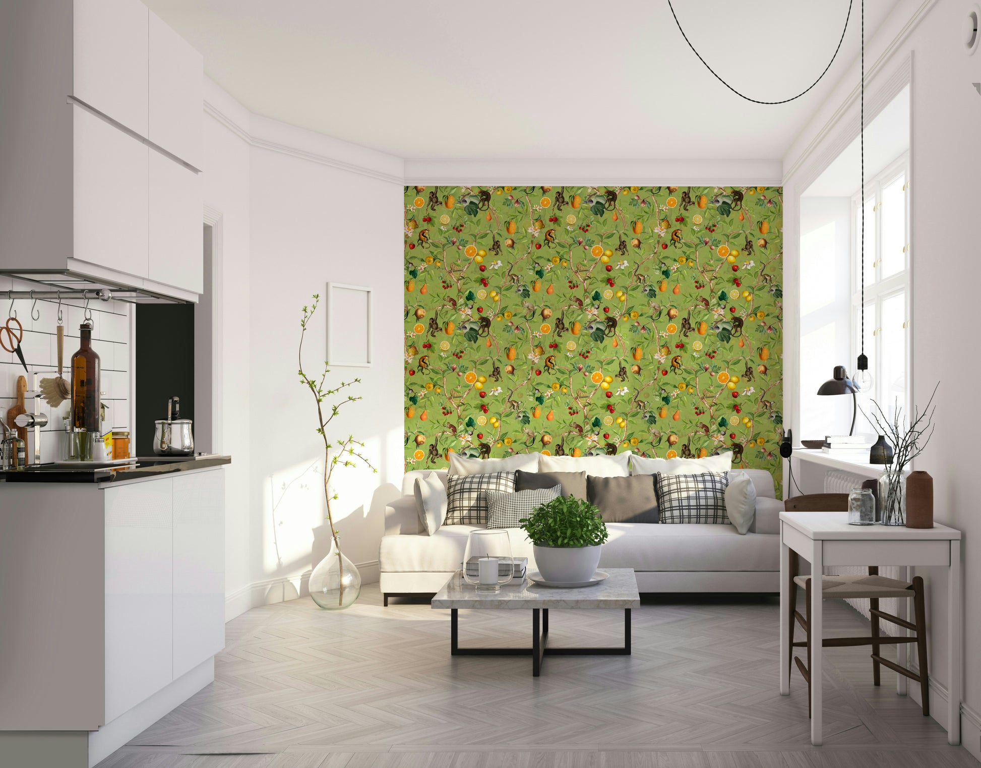 Close-up of vintage primates and exotic flora in the wallpaper design.

