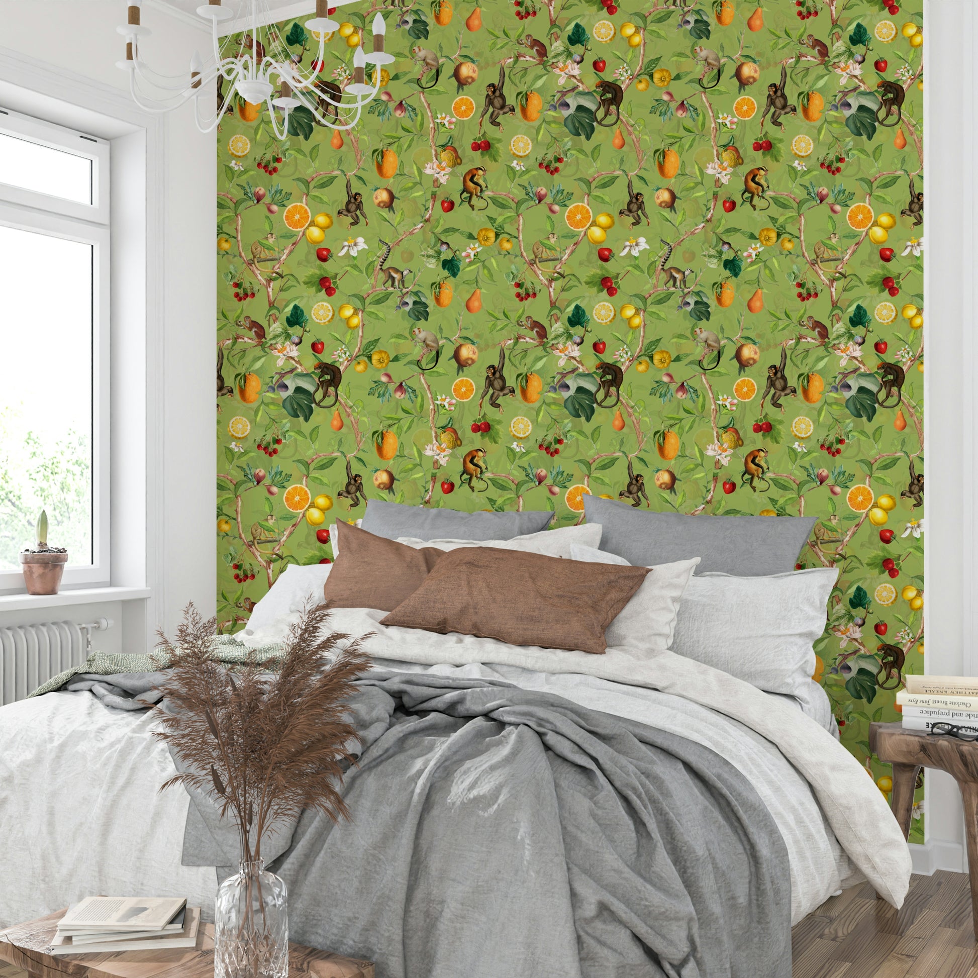 Whimsical jungle mural with monkeys and intricate botanical details.

