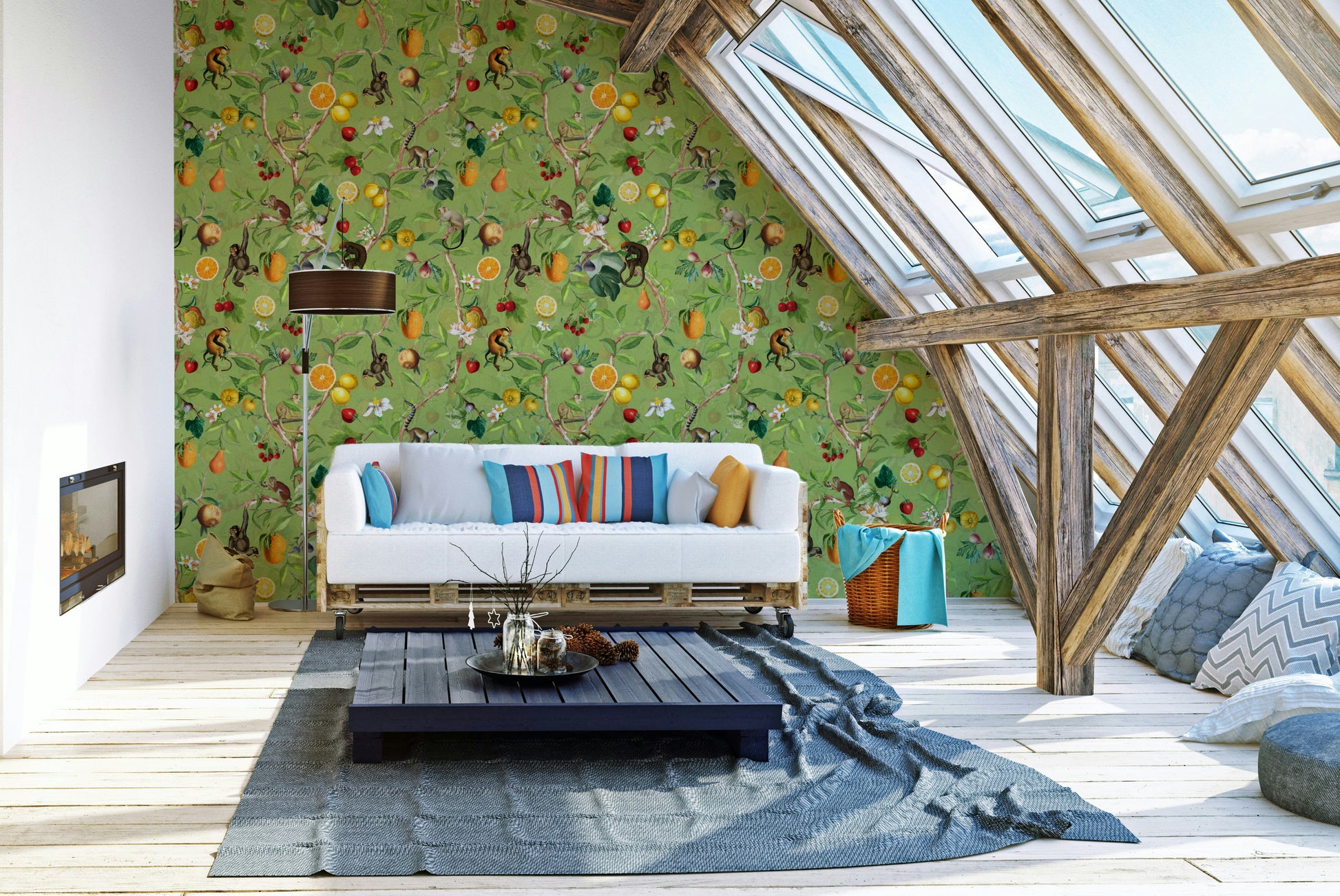 Vintage-inspired wallpaper with monkeys and colorful tropical blooms.

