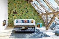 Vintage-inspired wallpaper with monkeys and colorful tropical blooms.


