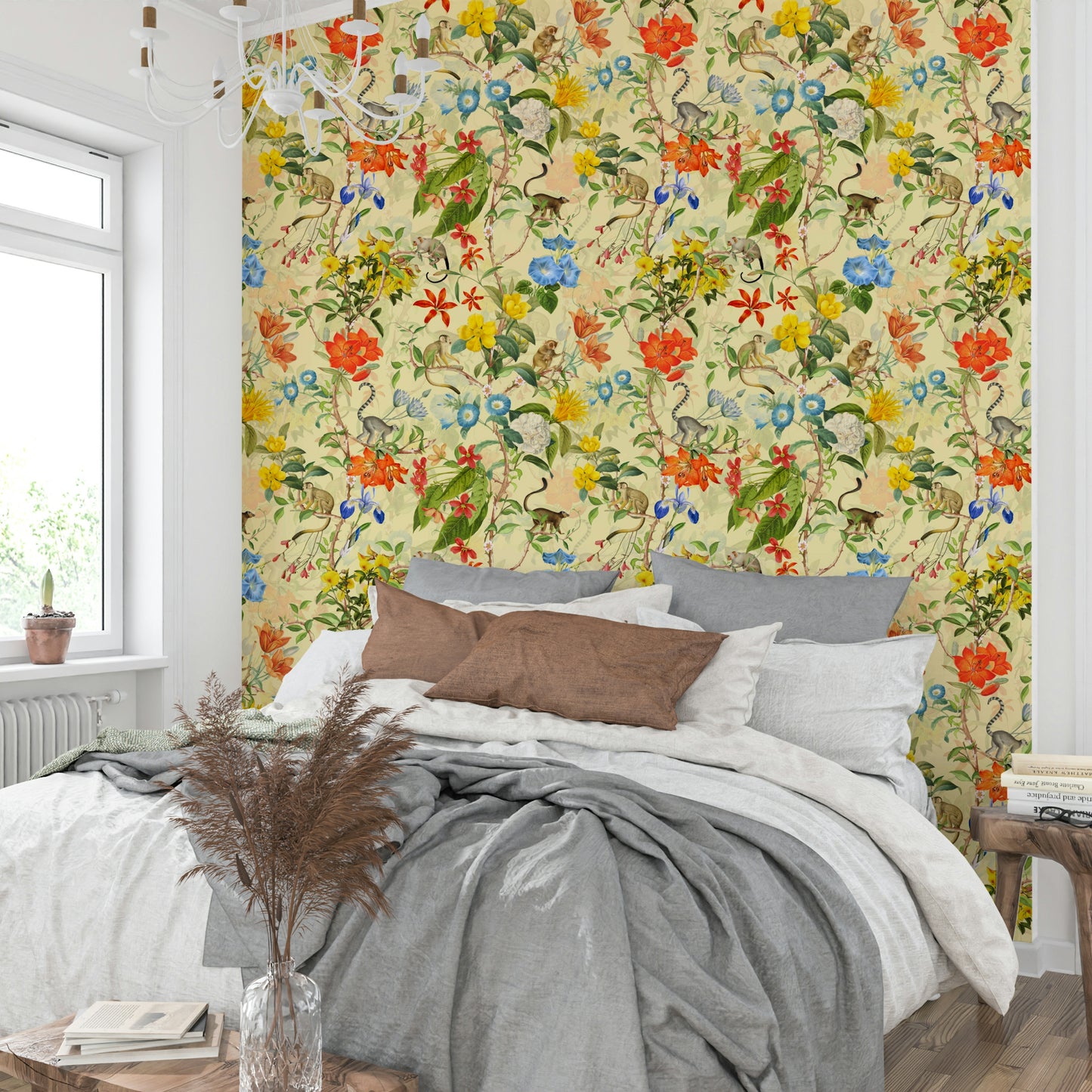 Vintage Primate Paradise design with a mix of bold flora and wildlife.


