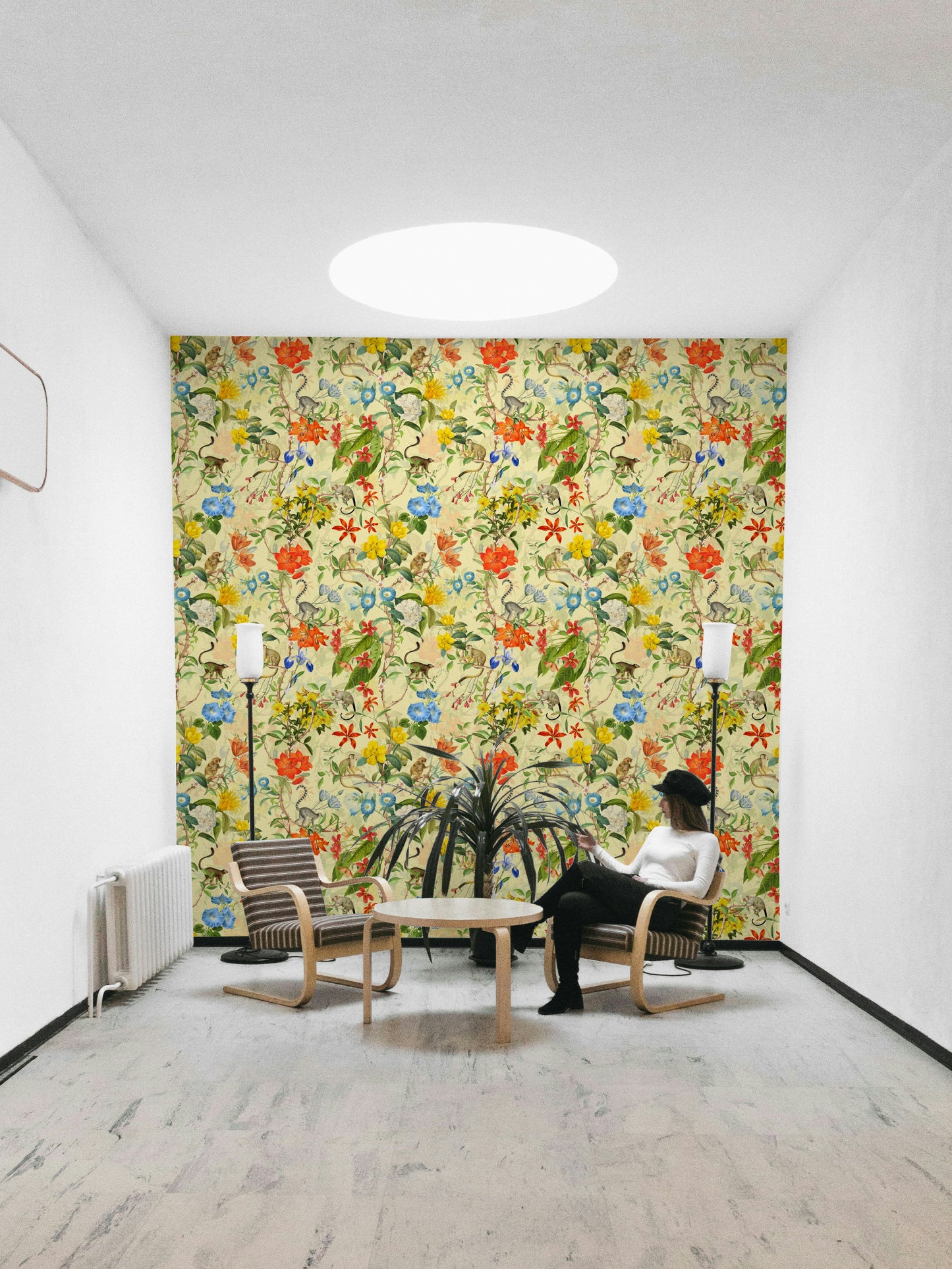 Richly illustrated primate wallpaper with vivid botanical elements.

