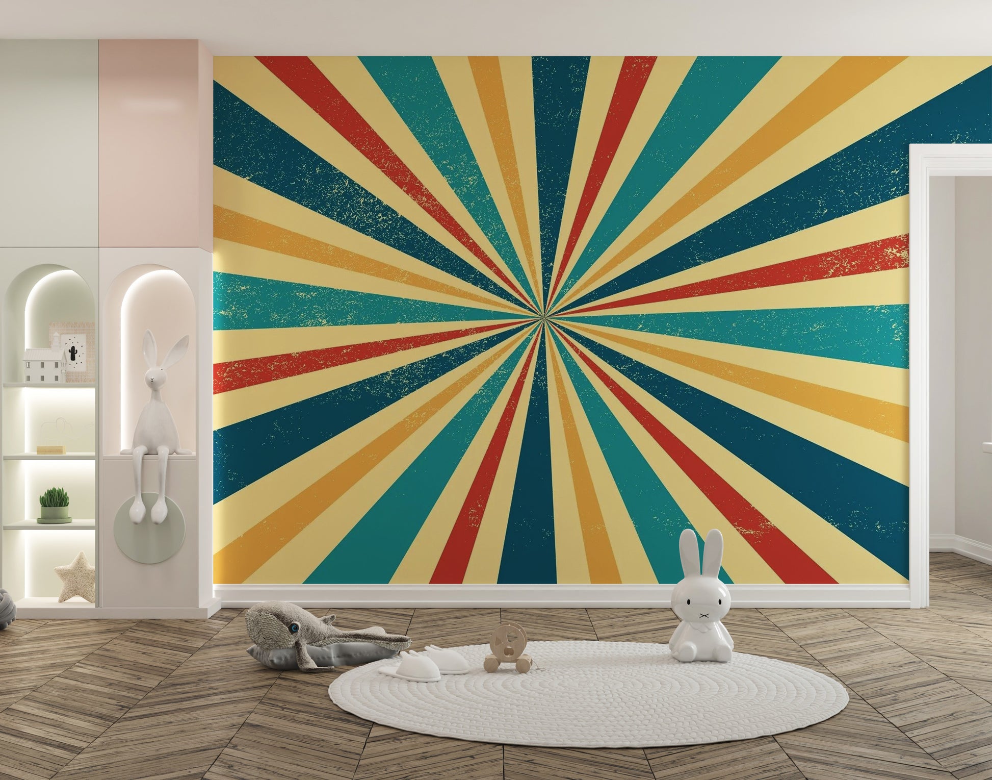Retro Vintage wallpaper styled along a hallway feature wall near a console in a multicolour palette