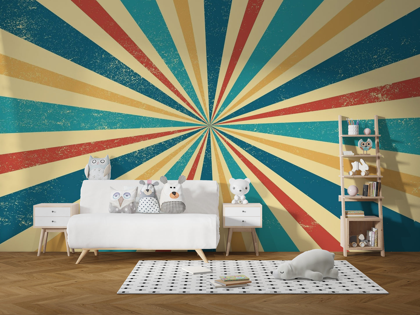 Retro Vintage wallpaper as a feature wall in a home office workspace in a multicolour palette