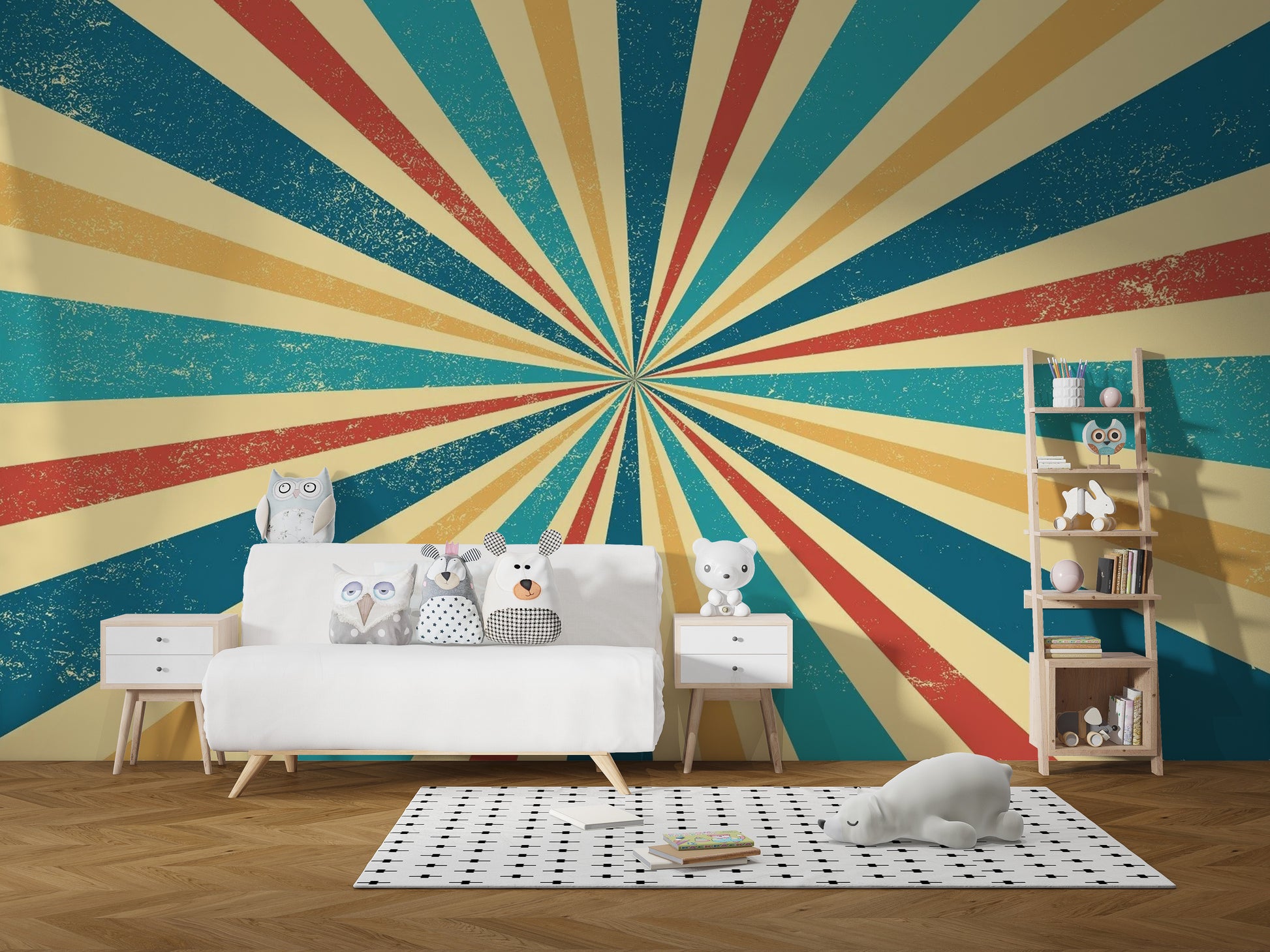 Retro Vintage wallpaper as a feature wall in a home office workspace in a multicolour palette