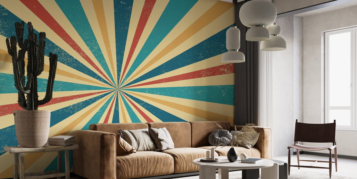 Retro Vintage wallpaper styled as a feature wall behind a dining table and chairs in a multicolour palette