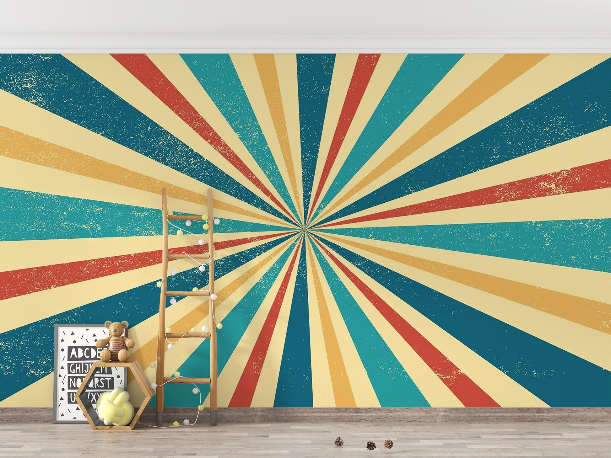 Retro Vintage wallpaper as a bedroom feature wall behind the headboard in a multicolour palette