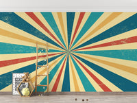 Retro Vintage wallpaper as a bedroom feature wall behind the headboard in a multicolour palette