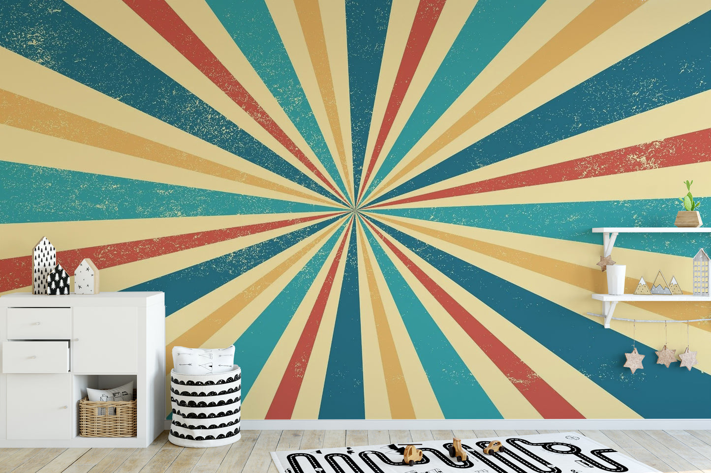 Retro Vintage wallpaper styled as a living room feature wall behind a sofa and seating in a multicolour palette