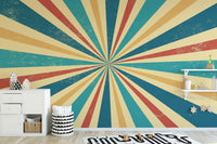 Retro Vintage wallpaper styled as a living room feature wall behind a sofa and seating in a multicolour palette