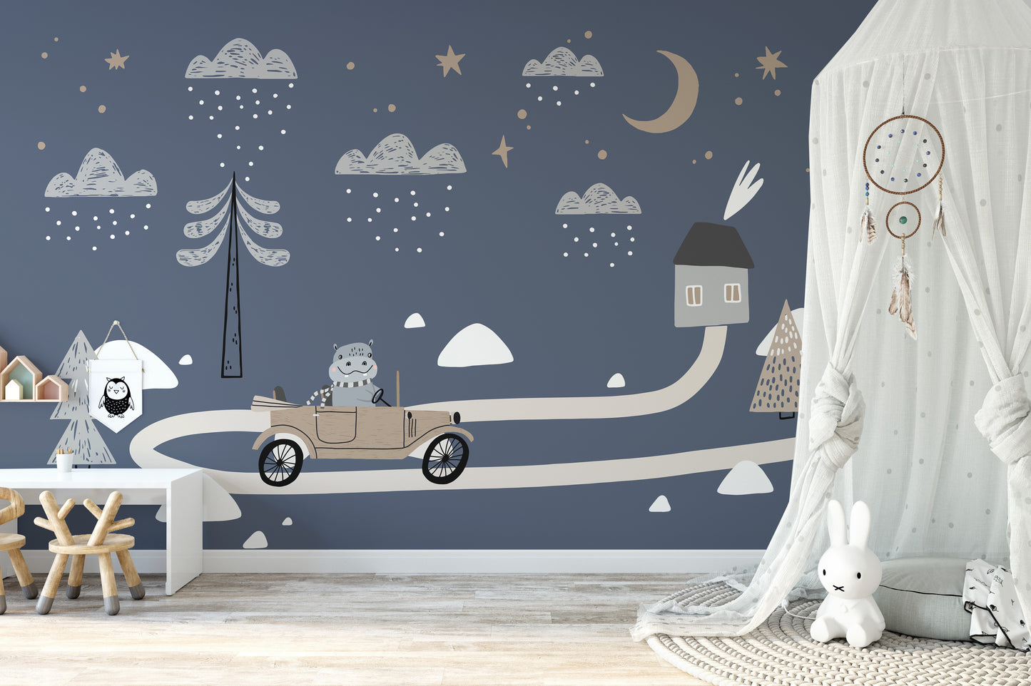 Vintage Retro Car Kids wallpaper mural in navy blue beside a white canopy and bunny lamp in a nursery