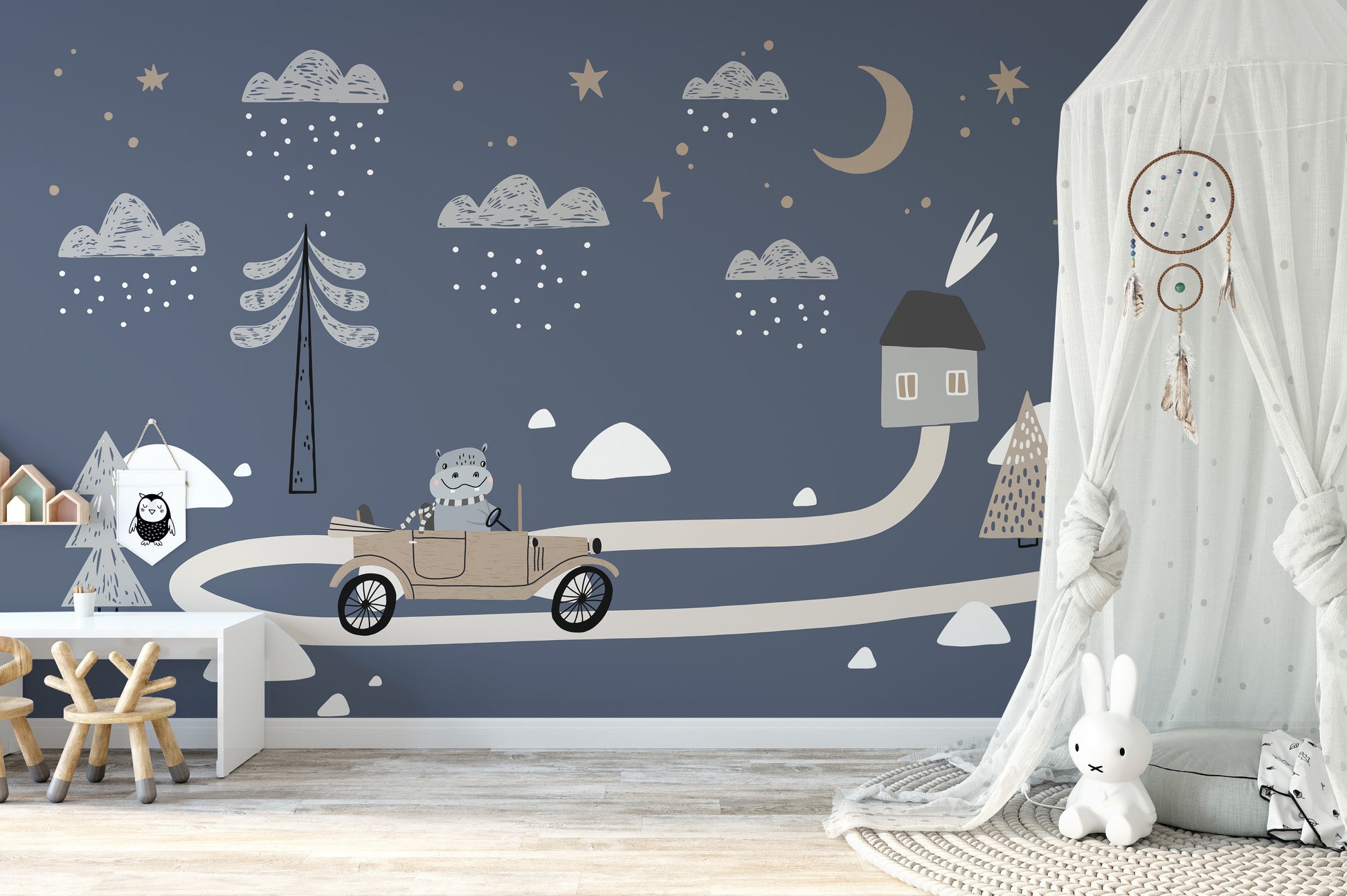 Vintage Retro Car Kids wallpaper mural in navy blue beside a white canopy and bunny lamp in a nursery