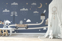 Vintage Retro Car Kids wallpaper mural in navy blue beside a white canopy and bunny lamp in a nursery