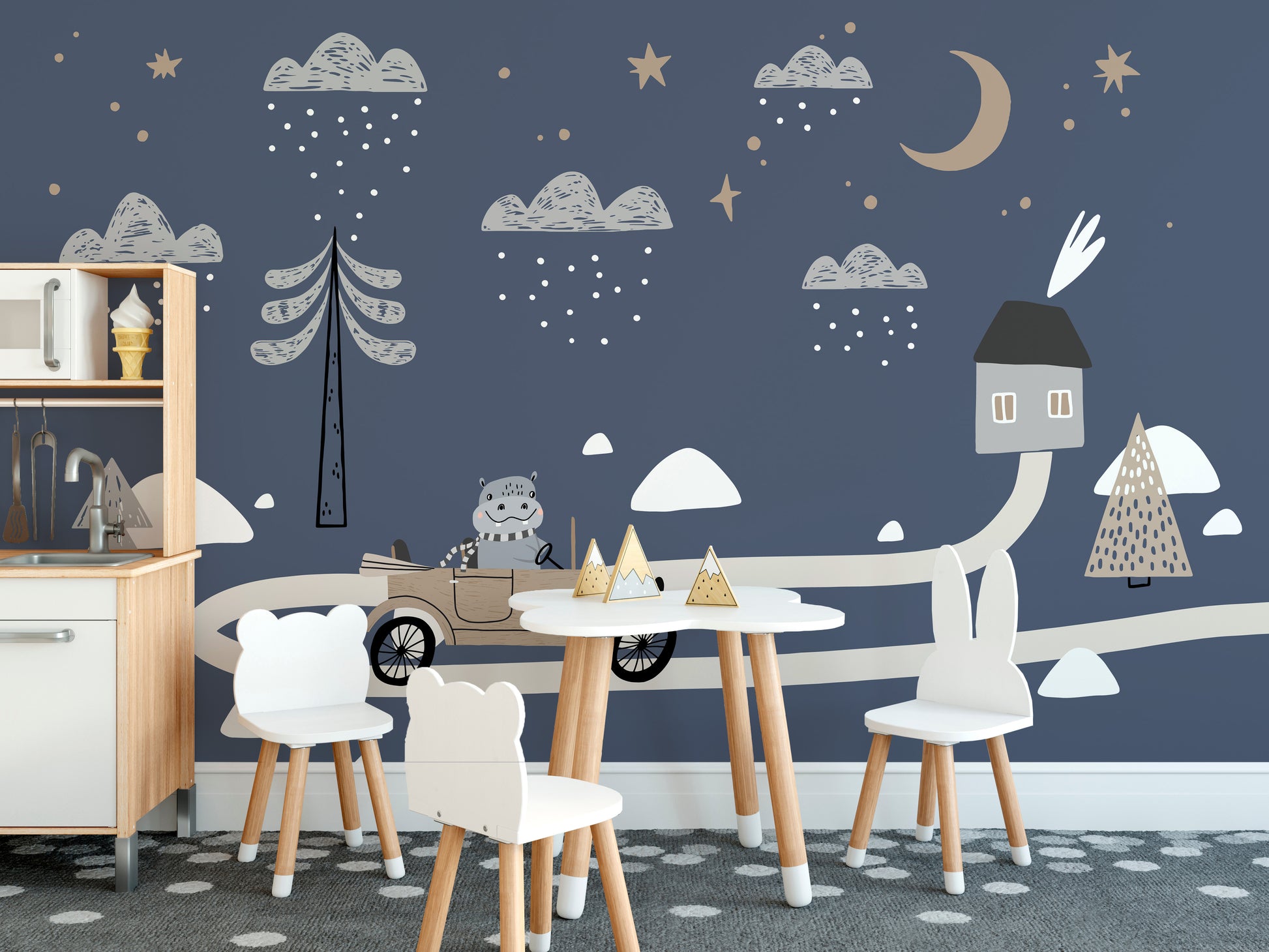 Vintage Retro Car Kids wallpaper mural with hippo car and moon behind a cloud play table in a kids room