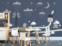 Vintage Retro Car Kids wallpaper mural with hippo car and moon behind a cloud play table in a kids room