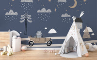 Vintage Retro Car Kids wallpaper mural in navy blue behind a white teepee tent and wooden toys in a playroom
