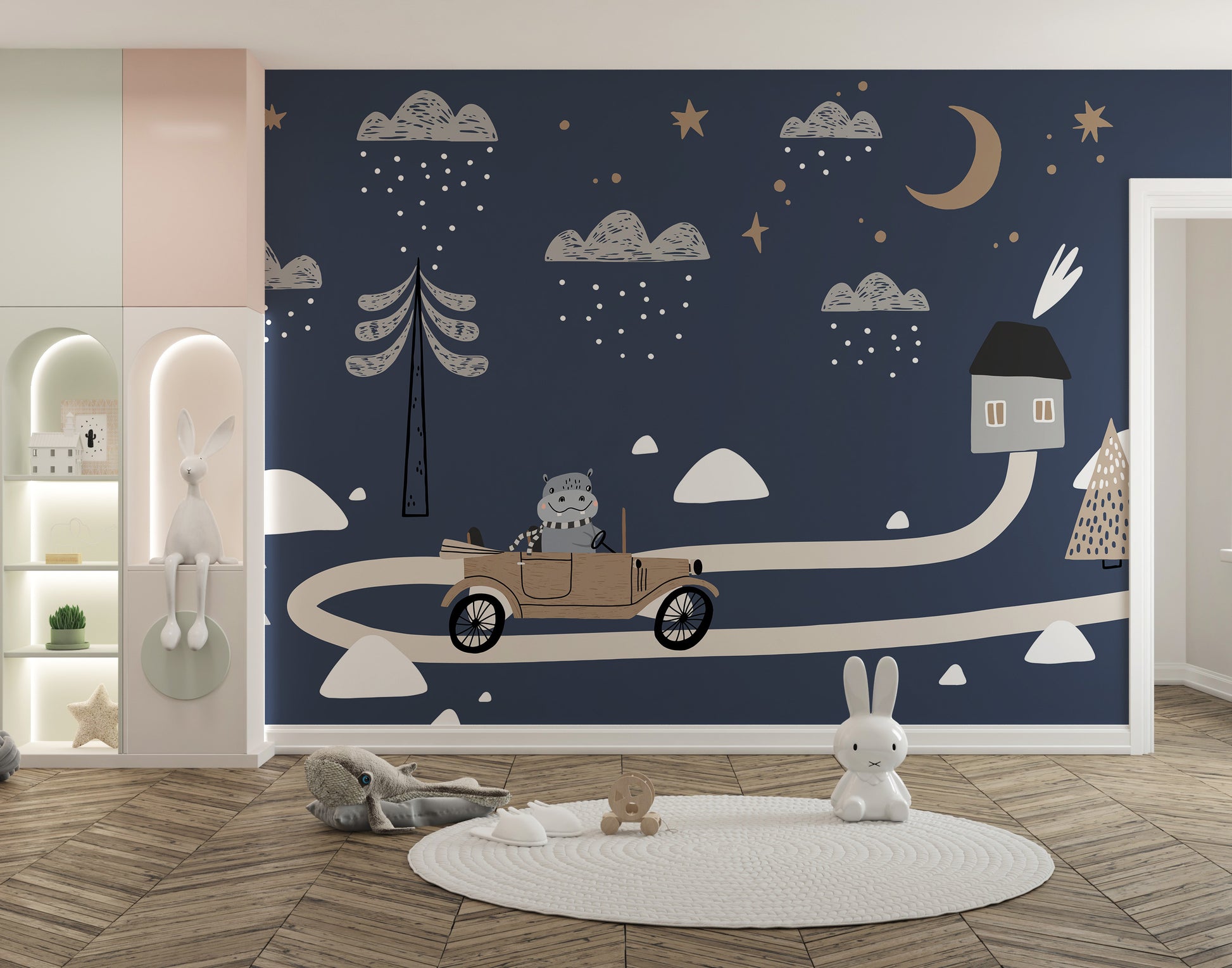 Vintage Retro Car Kids wallpaper mural with navy hippo-driven car scene above a bunny shelf nook in a kids room