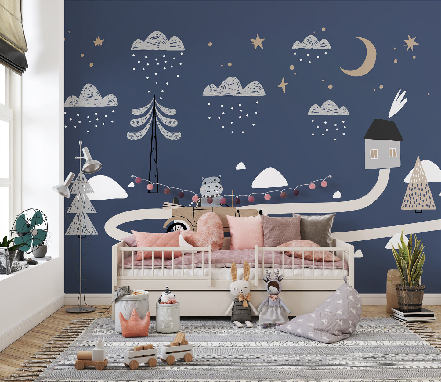 Retro car driving in snowy mural design
