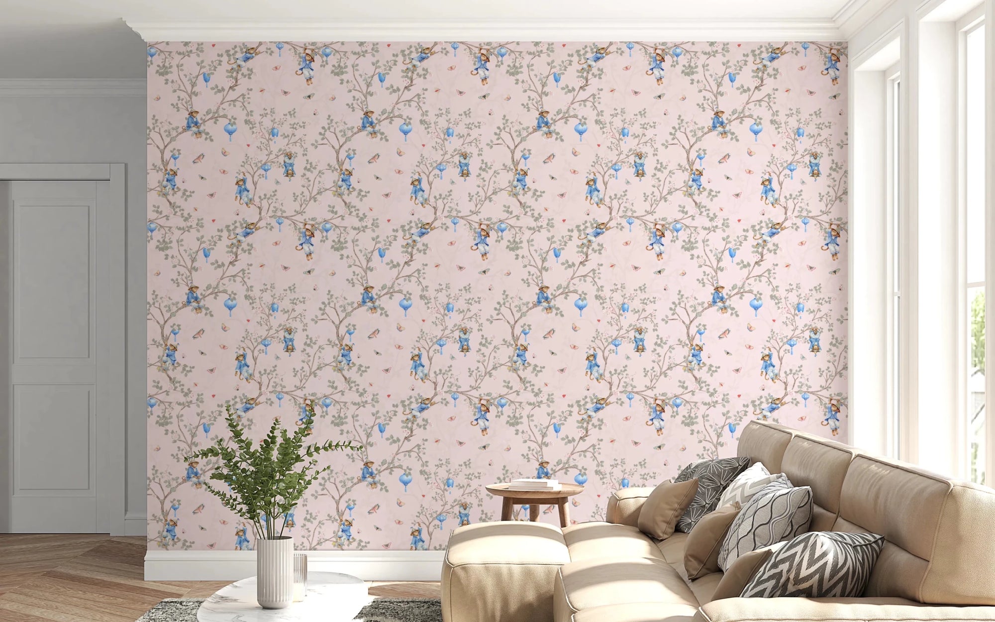 Vintage Rococo Chinoiserie Asian Lanterns with Monkeys and Sakura Flowers pink Wallpaper⁠