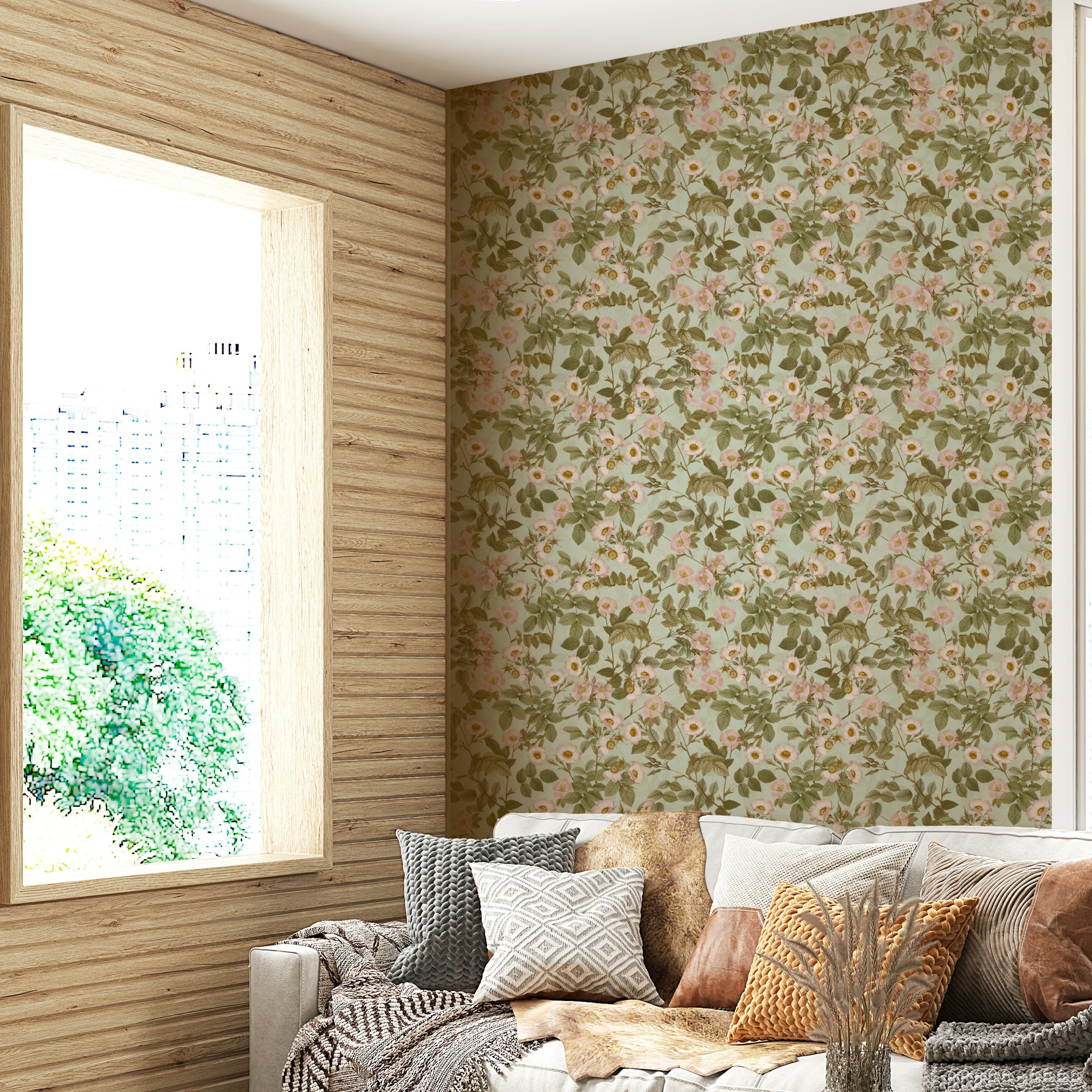 Vintage-inspired floral wallpaper in pastel tones

