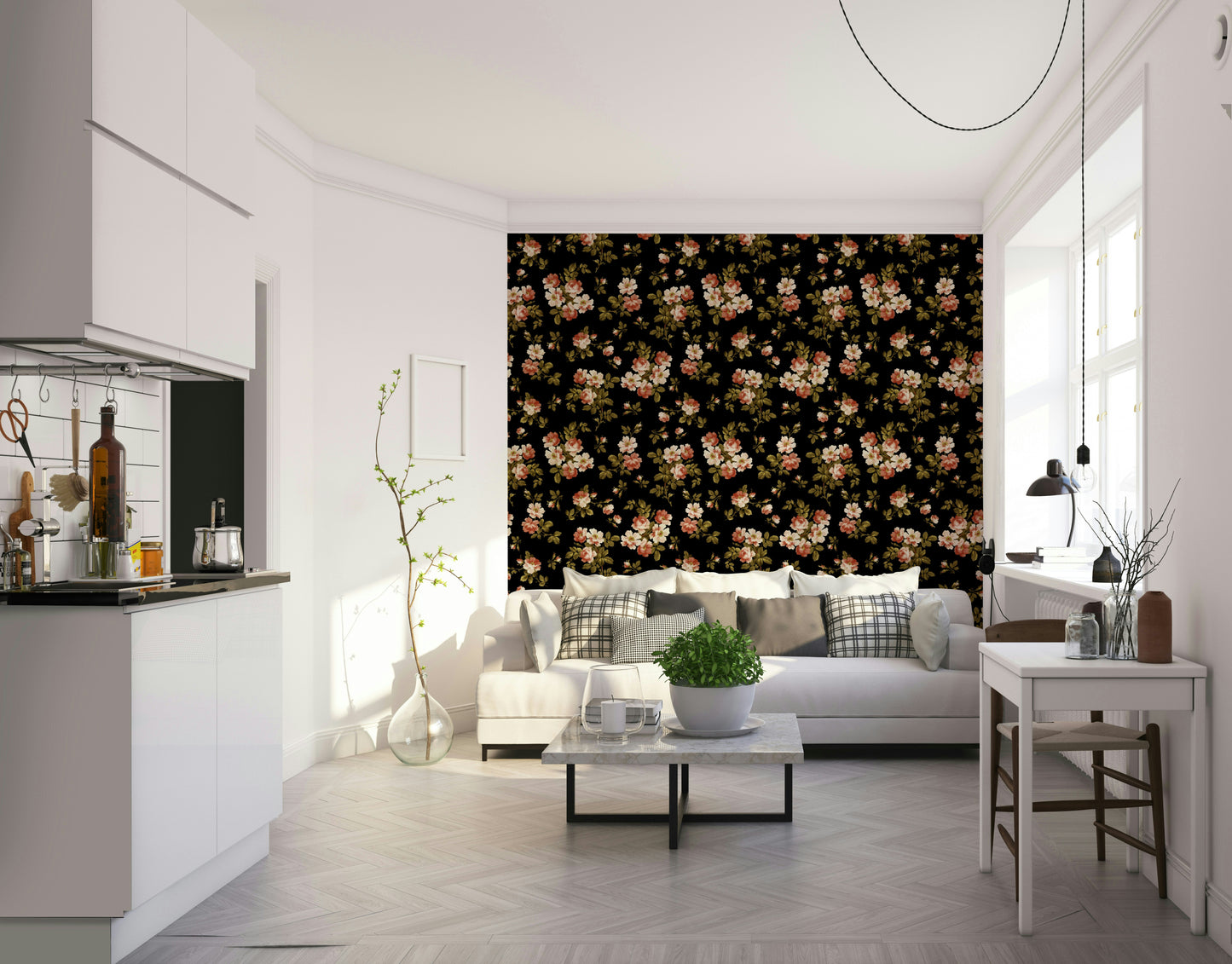 Classic rose pattern wallpaper in pastel tones

