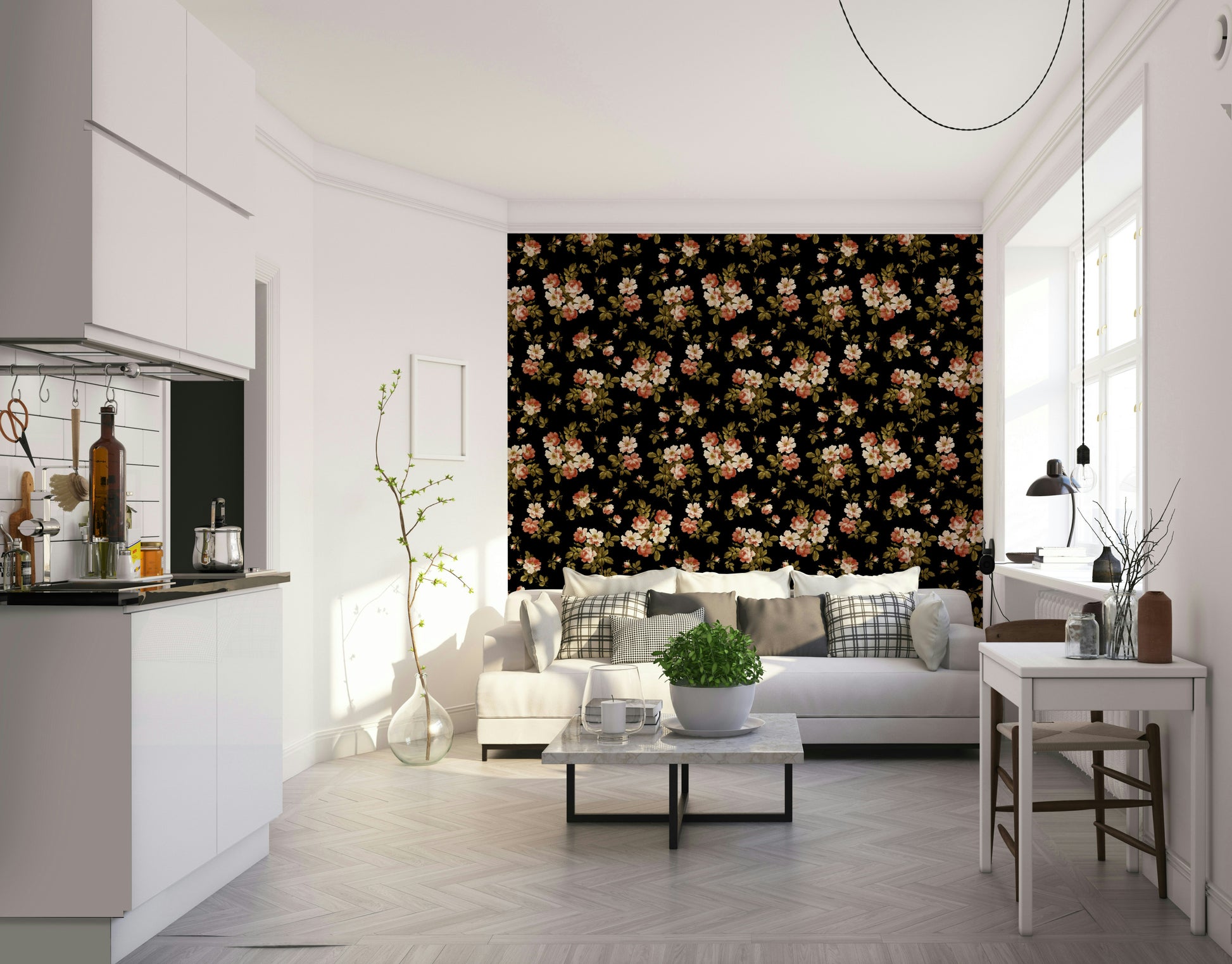 Classic rose pattern wallpaper in pastel tones

