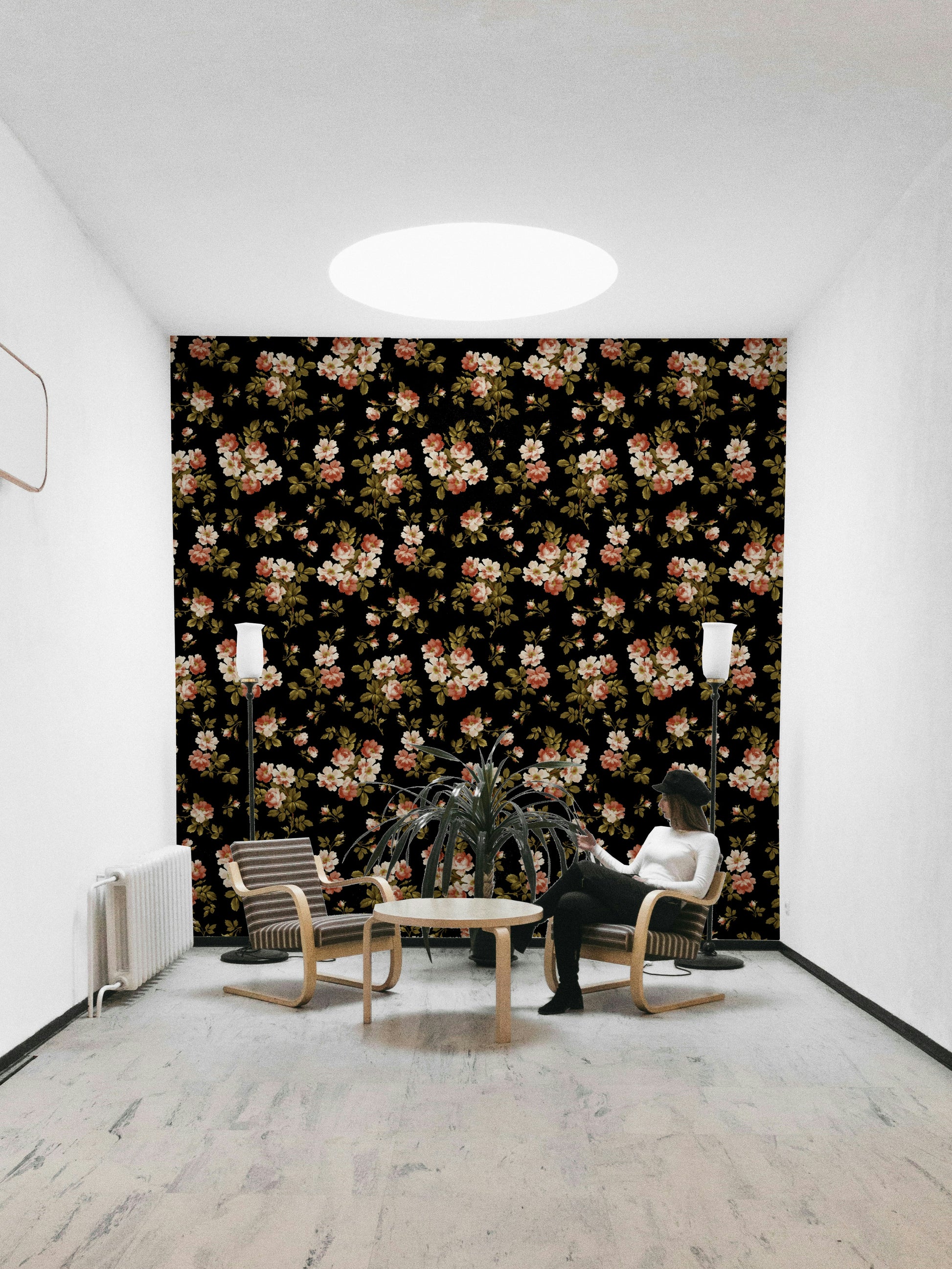 Soft floral mural featuring muted pink roses

