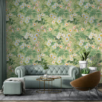 Soft floral wallpaper with romantic pink and red roses in vintage design.

