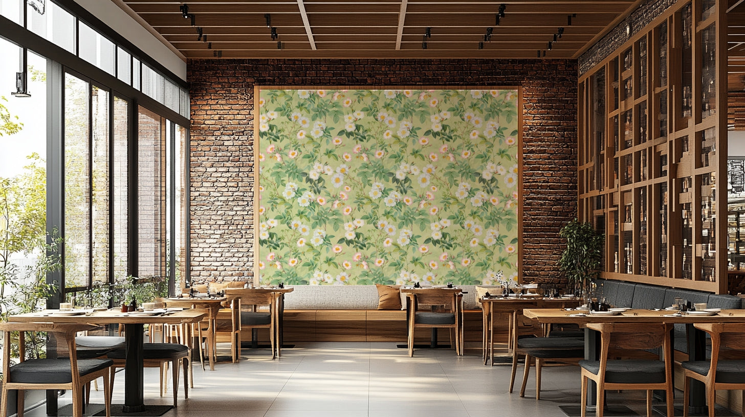 Close-up view of vintage-style roses and lush greenery in the mural.

