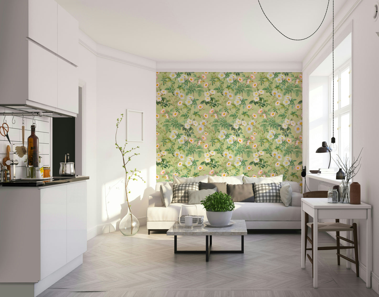 Elegant floral mural with delicate roses and rich green foliage.

