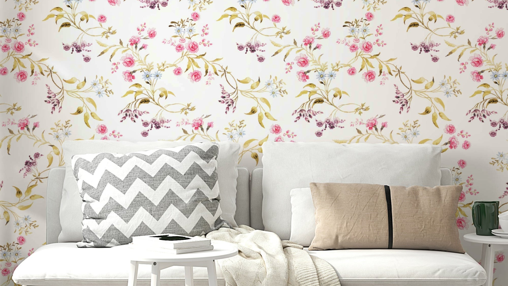 Hand-painted floral wallpaper with roses and trailing vines.

