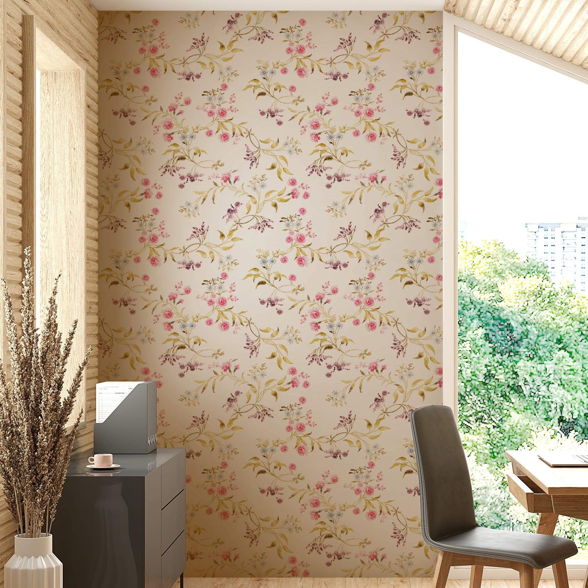Close-up of roses and vines in a soft vintage floral wallpaper.


