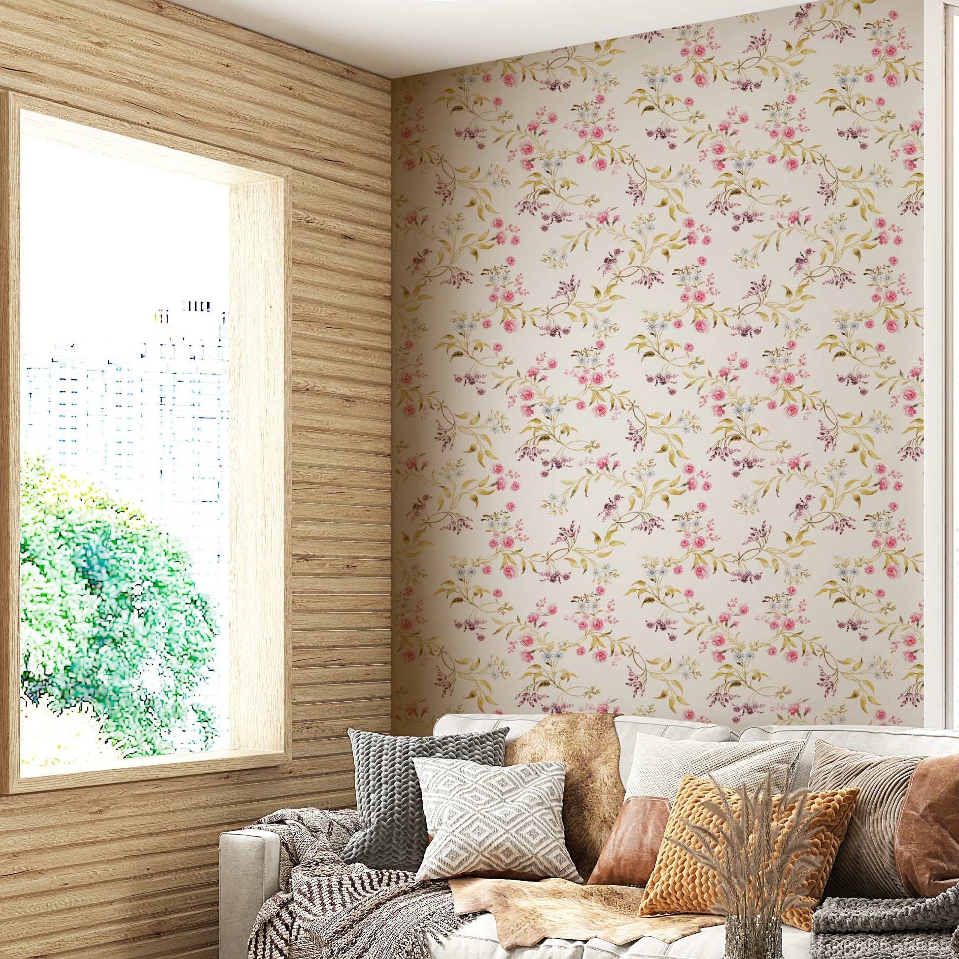 Botanical wall mural with painterly rose arrangements.

