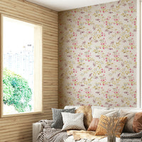 Botanical wall mural with painterly rose arrangements.

