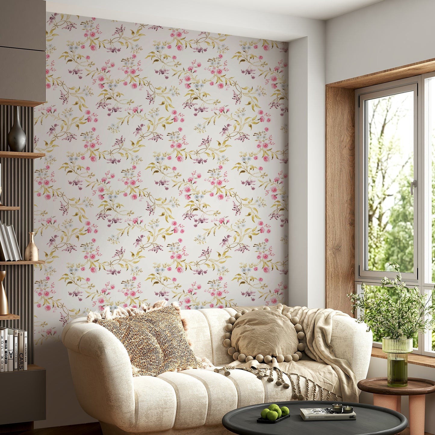Classic rose mural with watercolor flowers and subtle texture.


