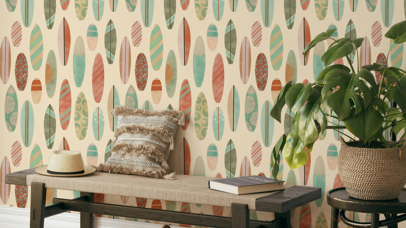 Retro surfboards lined up on warm background

