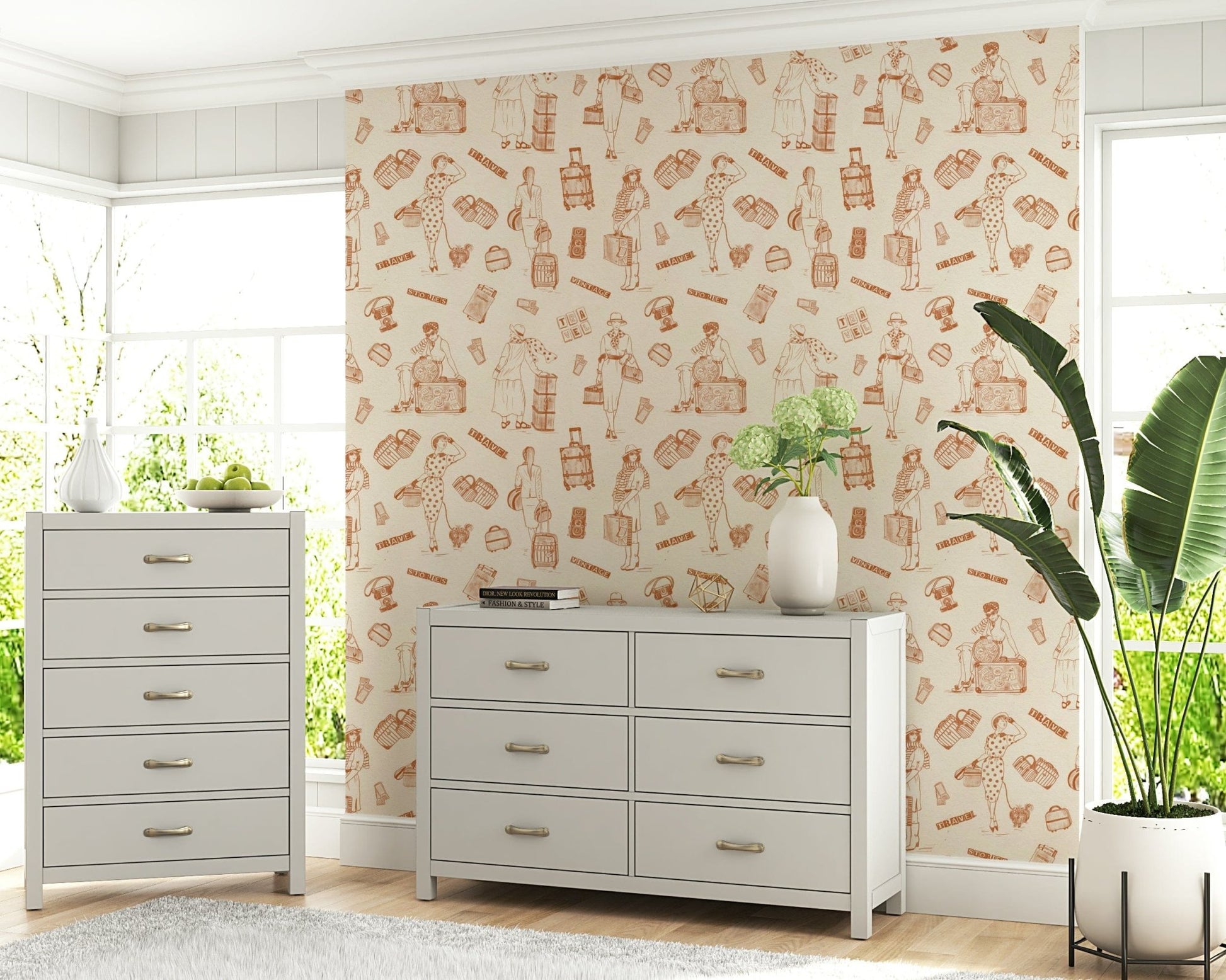 Nostalgic travel-themed pattern featuring retro icons and worldly sketches.